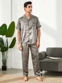 Men Letter Graphic Button Front Satin Pyjama Set - Grey - View 3