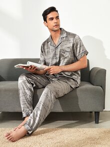 Men Letter Graphic Button Front Satin Pyjama Set - Grey - View 4