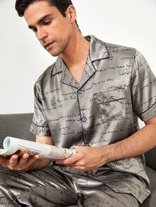 Men Letter Graphic Button Front Satin Pyjama Set - Grey - View 5