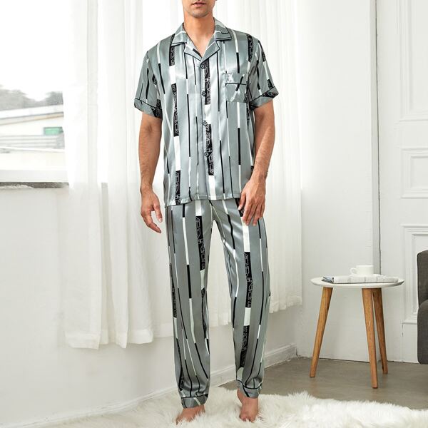 

Men Striped Button Front Satin Pajama Set, Multicolor