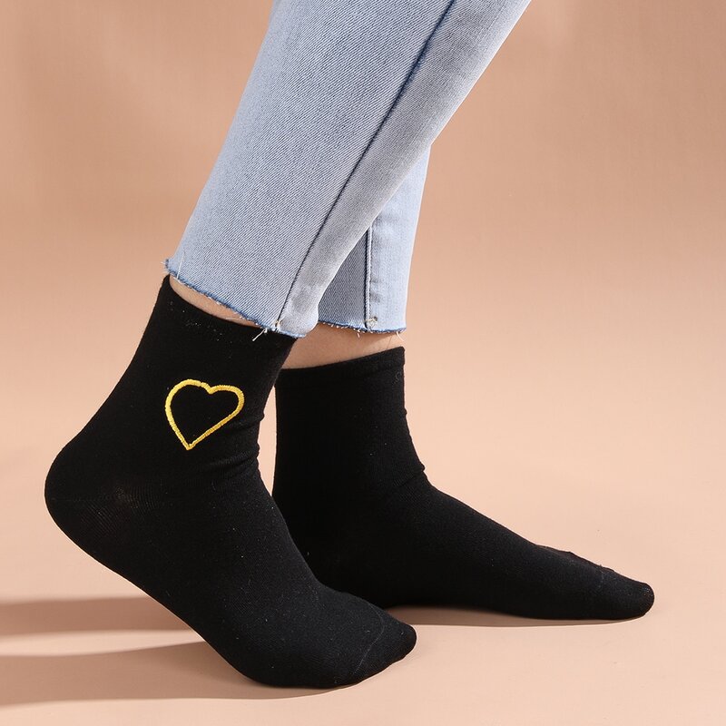 

Heart Embroidered Crew Socks, Black
