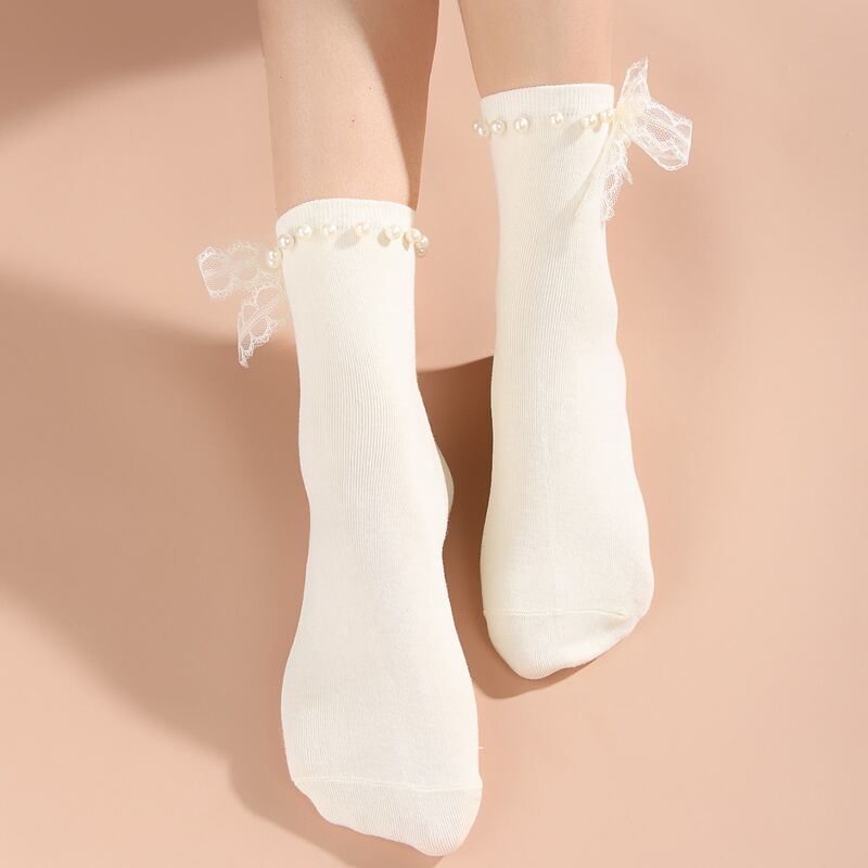 

Faux Pearl Decor Crew Socks, Beige