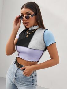 SHEIN 拼色拼接車縫生菜邊羅紋針織T恤 - 彩色 - 查看 4