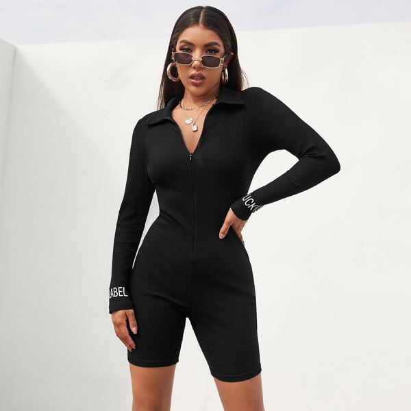 

Letter Graphic Zipper Rib-knit Romper, Black
