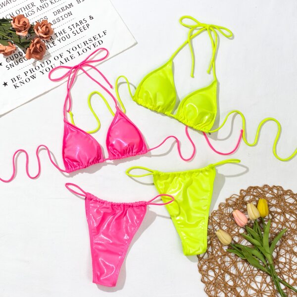 

2pairs Metallic Triangle Thong Bikini Swimsuit, Multicolor