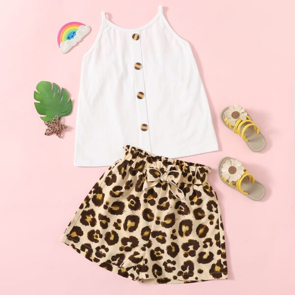 

Girls Button Front Cami Top & Leopard Print Shorts, Multicolor