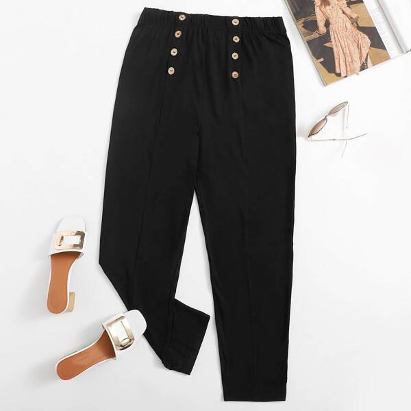 

Plus Double Breasted Elastic Waist Sweatpants, Black