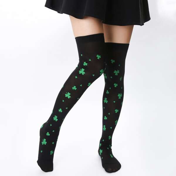 

Clover Print Over The Knee Socks, Multicolor