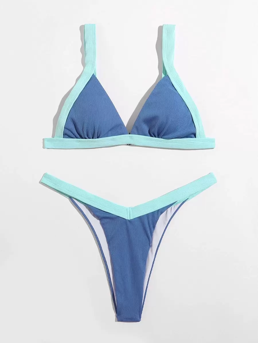 Bộ bikini tam giác bó sát Rib Contrast, cho kỳ nghỉ hè ở bãi biển - Màu xanh lam - Xem 1