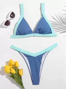 Bộ bikini tam giác bó sát Rib Contrast, cho kỳ nghỉ hè ở bãi biển - Màu xanh lam - Xem 4