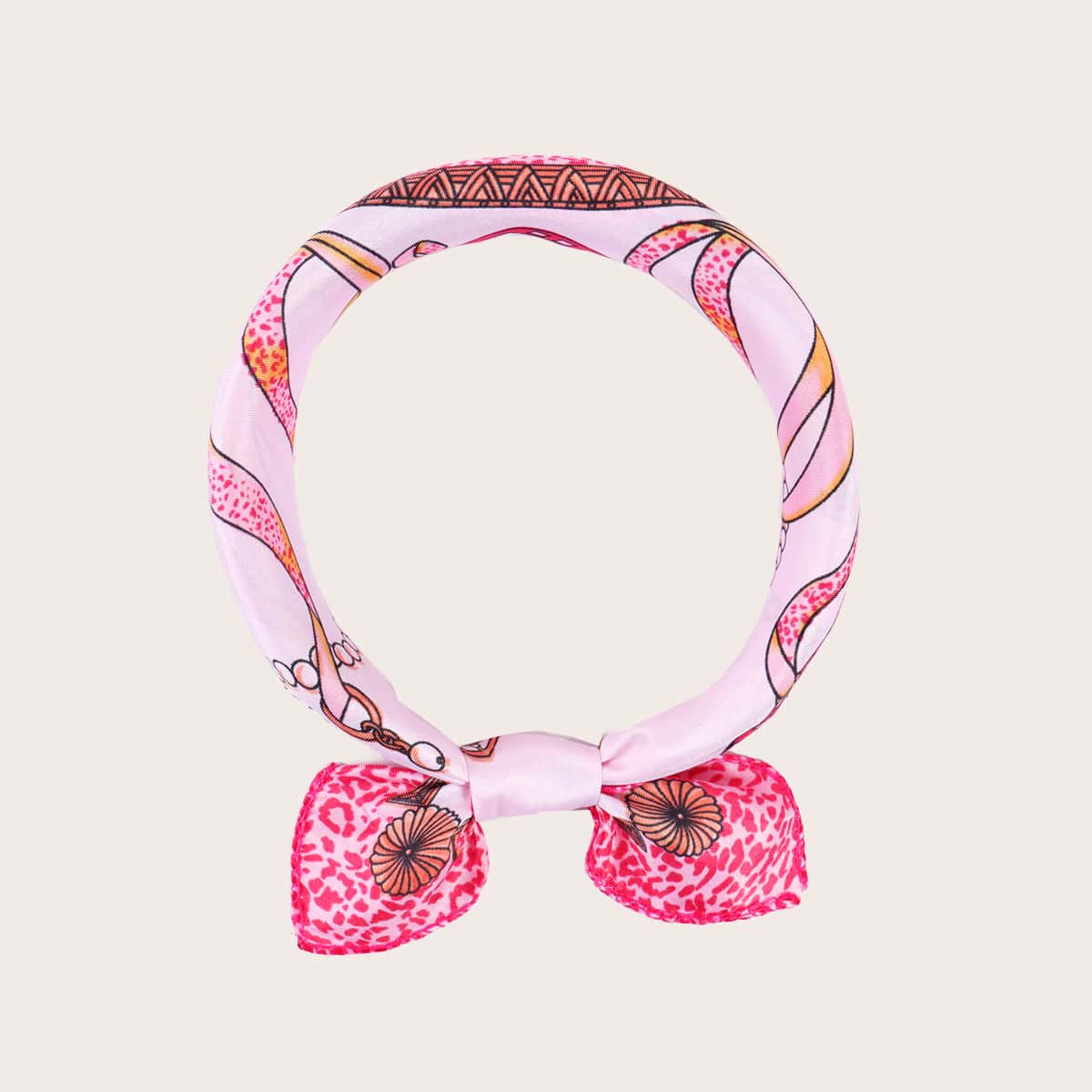 

Leopard Trim Chain Print Bandana, Baby pink