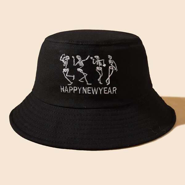 

Letter Embroidered Bucket Hat, Black