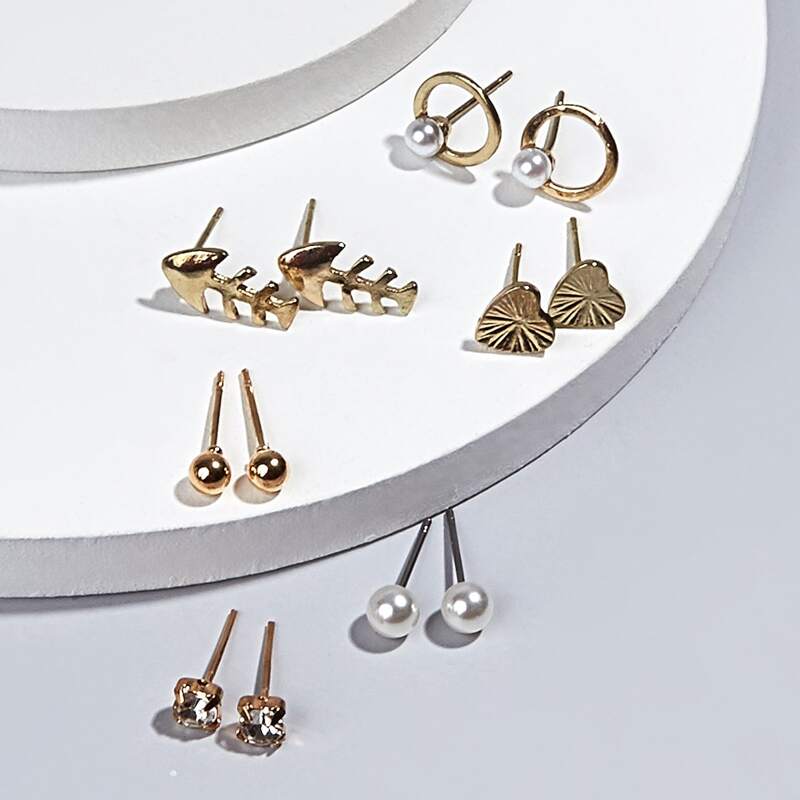 

6pairs Heart & Fish Bone Stud Earrings, Gold