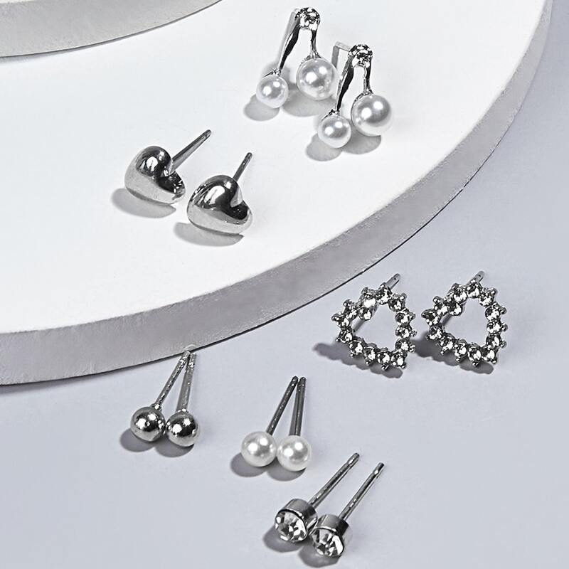 

6pairs Heart Stud Earrings, Silver