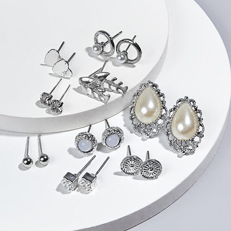 

9pairs Faux Pearl Stud Earrings, Silver