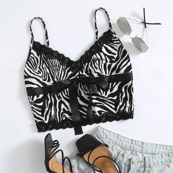

Bow Front Lace Trim Zebra Striped Cami Top, Black and white