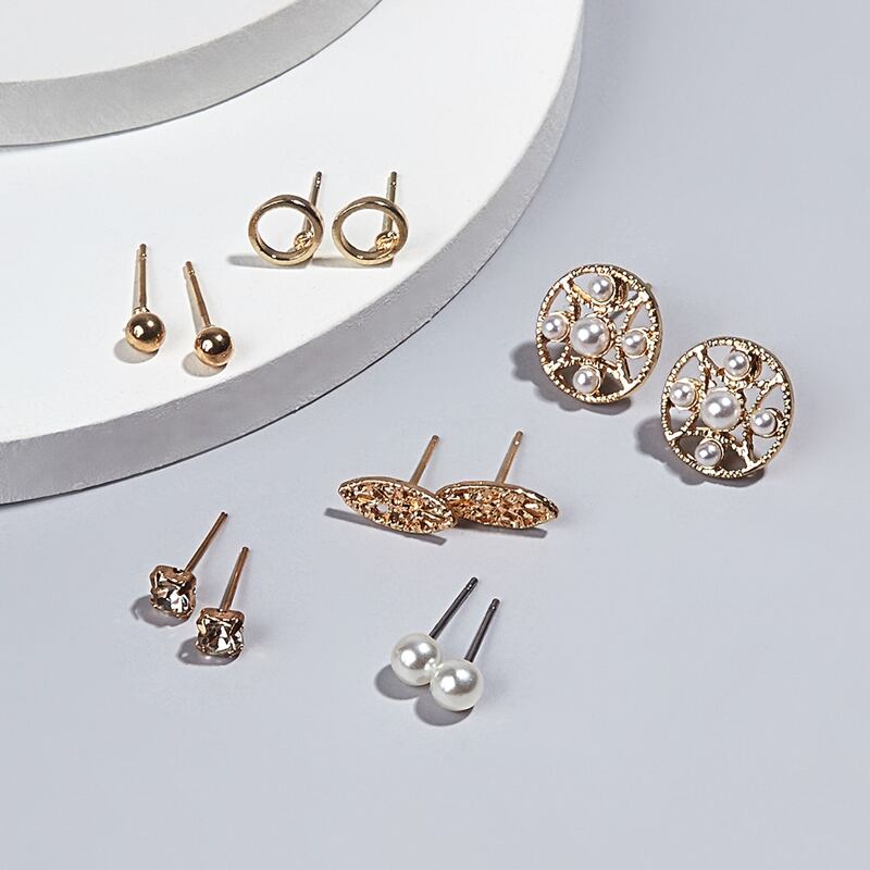 

6pairs Faux Pearl Stud Earrings, Gold