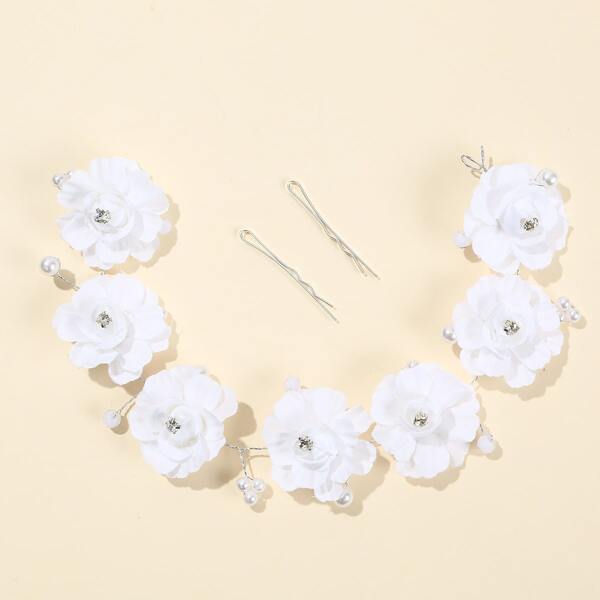 

Flower Decor Hair Accessory & 2pcs Bobby Pin, White