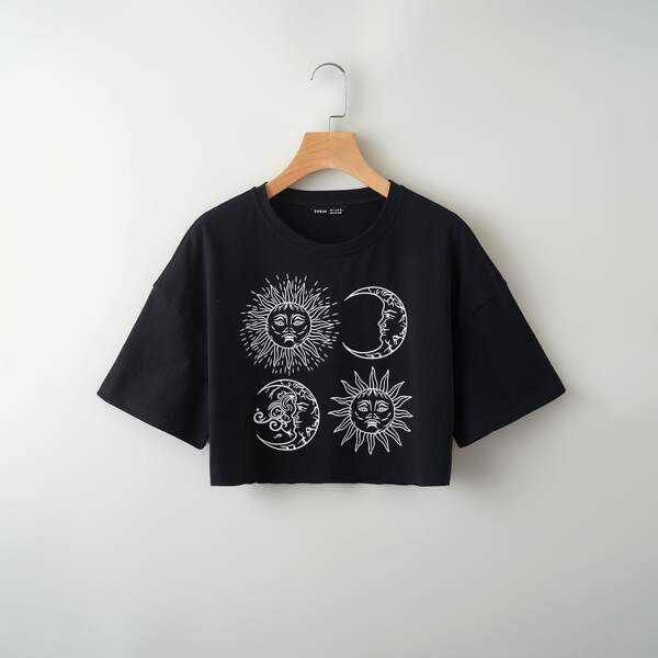 

Moon And Sun Print Crop Tee, Black