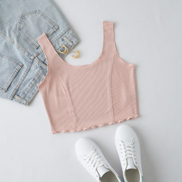 

Solid Lettuce Trim Rib-knit Cami Top, Pink