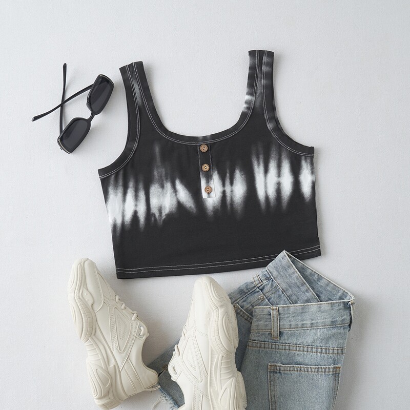 

Tie Dye Button Detail Crop Tank Top, Multicolor