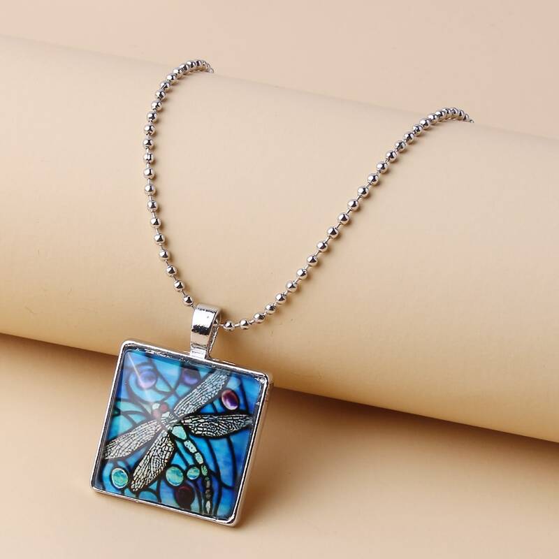 

Dragonfly Square Pendant Necklace, Blue