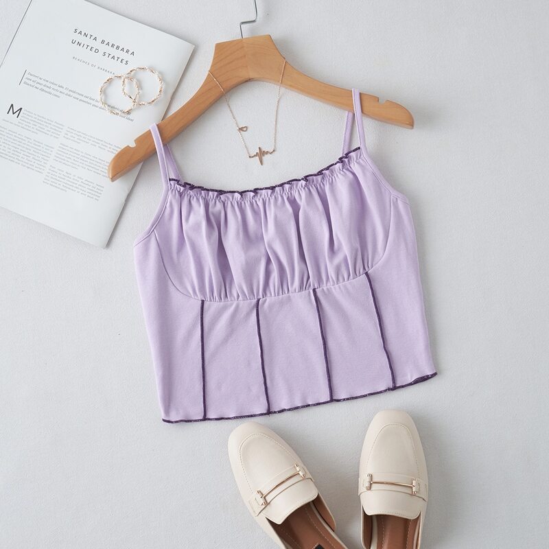 

Contrast Binding Lettuce Trim Ruched Bust Cami Top, Purple