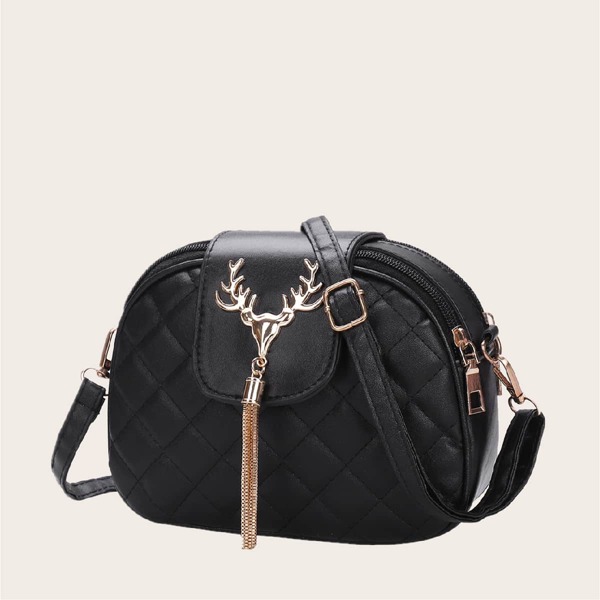 

Metal Tassel Charm Quilted Dome Bag, Black