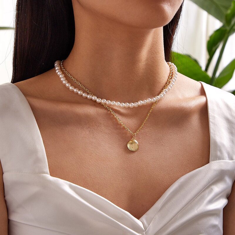 Faux Pearl & Shell Layered Necklace, White