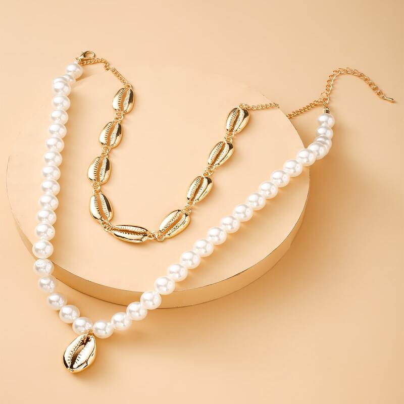 

Faux Pearl & Shell Layered Necklace, White