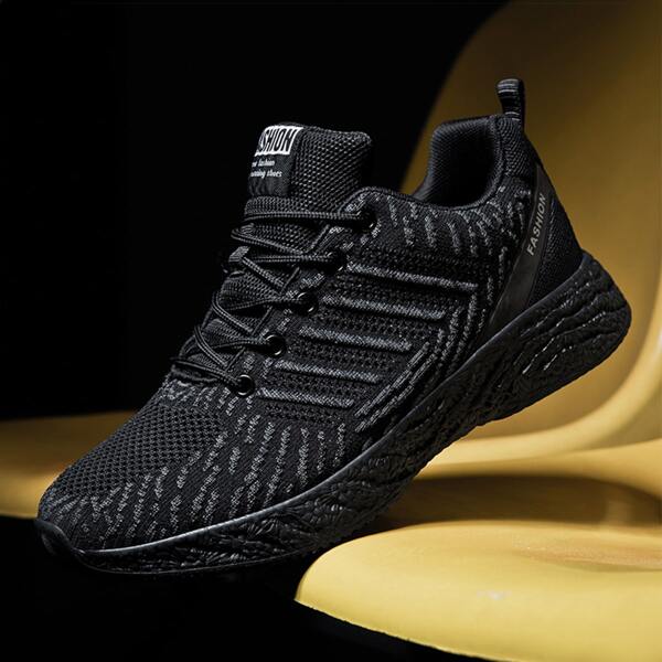 

Men Letter Patch Lace-up Front Sneakers, Black