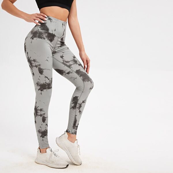 

Tie Dye Wide Waistband Sports Leggings, Grey