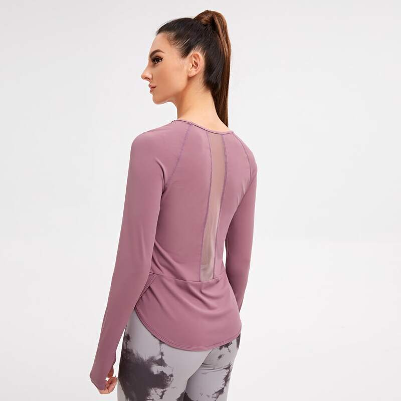 

Mesh Panel Solid Sports Tee With Thumb Holes, Mauve purple