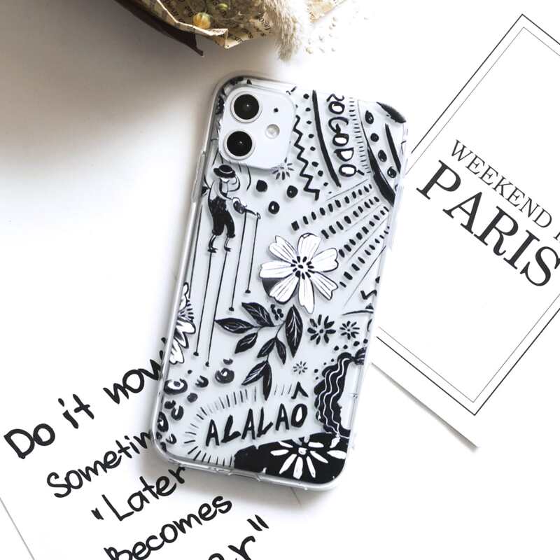 

Floral & Figure Print iPhone Case, Black