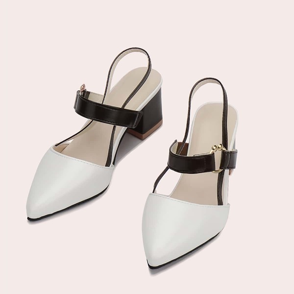 

Point Toe Chunky Heeled Slingback Pumps, White