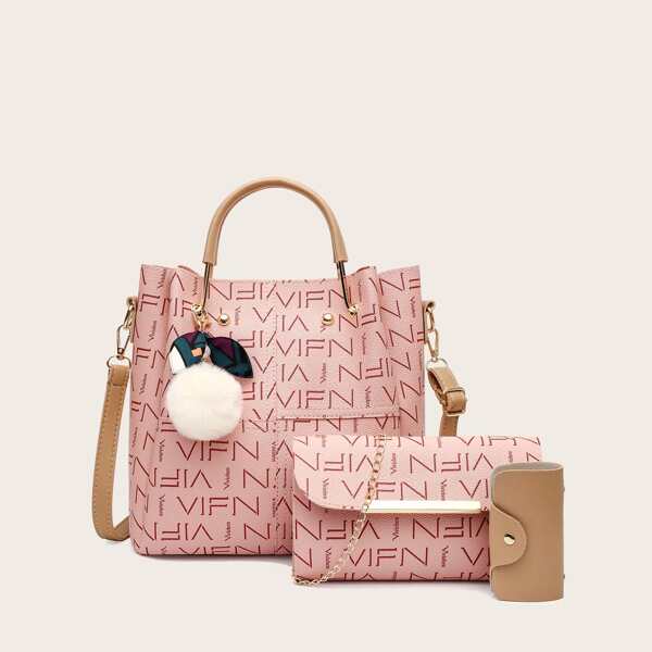 

3pcs Pom Pom Charm Letter Graphic Tote Bag Set, Pink