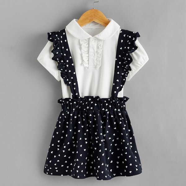 

Toddler Girls Ruffle Trim Tee & Heart Print Pinafore Skirt, Blue and white