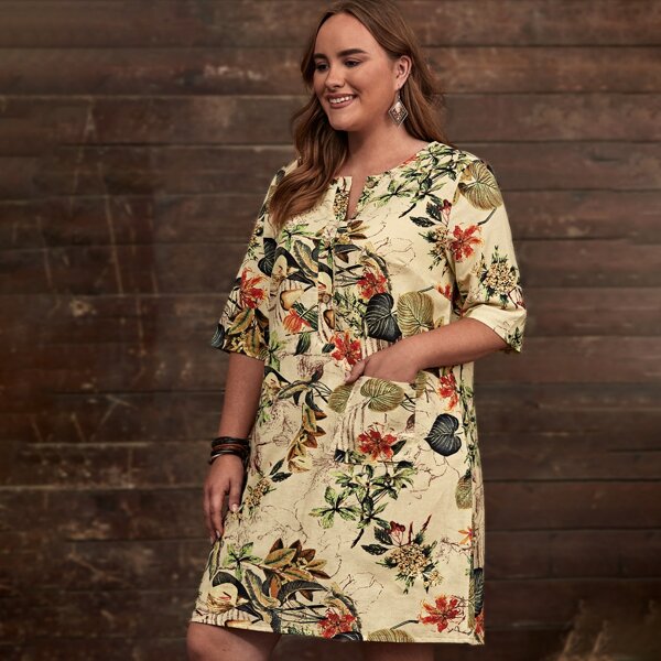 

Plus Plants Print Notched Neck Dress, Multicolor