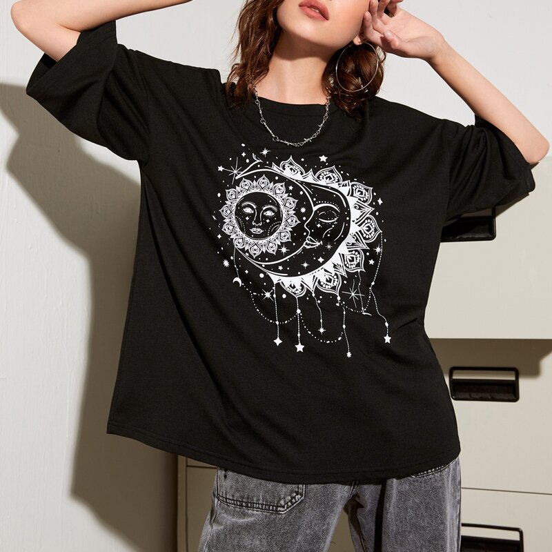 

Sun & Moon Graphic Oversized Tee, Black