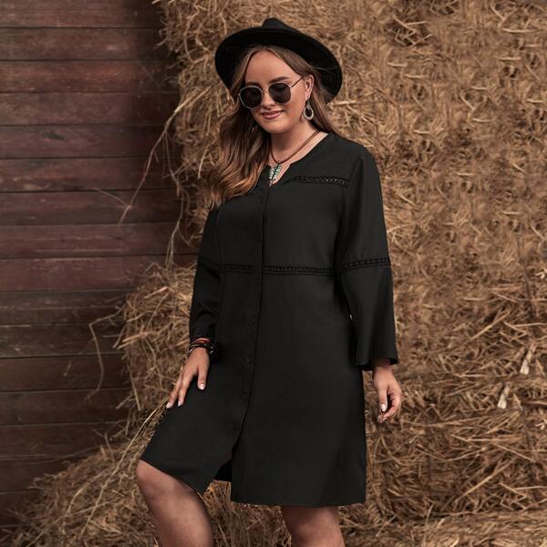 

Plus Button Up Notched Neck Dress, Black