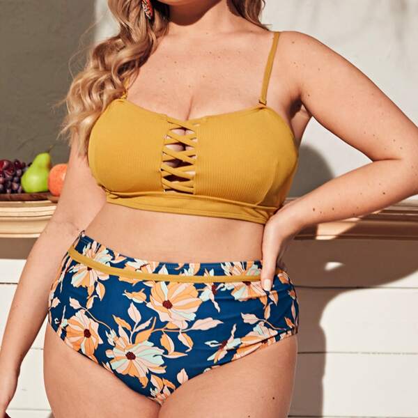 

Plus Floral High Waisted Bikini Swimsuit, Multicolor