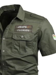 Manfinity Homme 男士貼布翻蓋口袋襯衫 - 軍綠色 - 查看 3