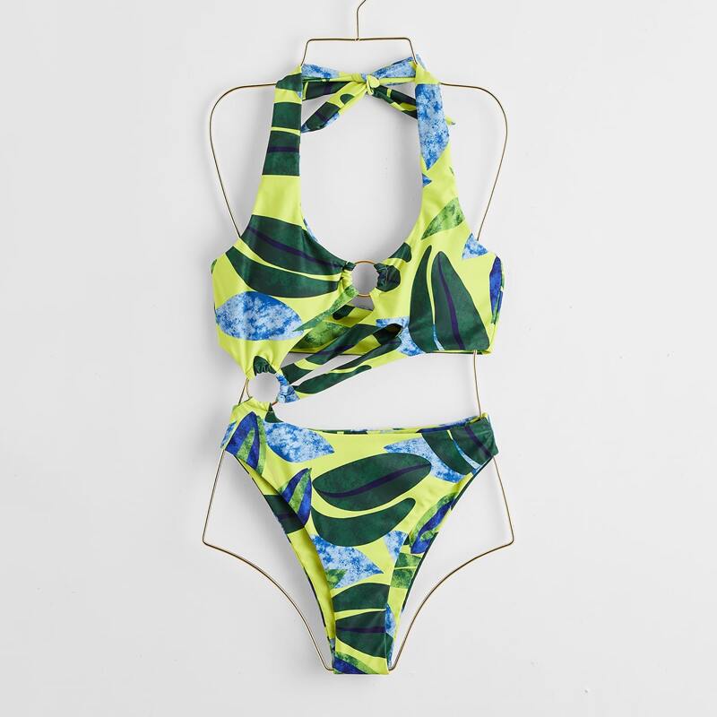 

Leaf Print Ring Linked One Piece Swimsuit, Multicolor