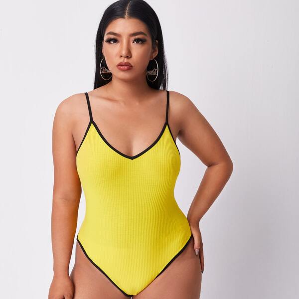 

Plus Contrast Binding Ribbed Cami Bodysuit, Yellow