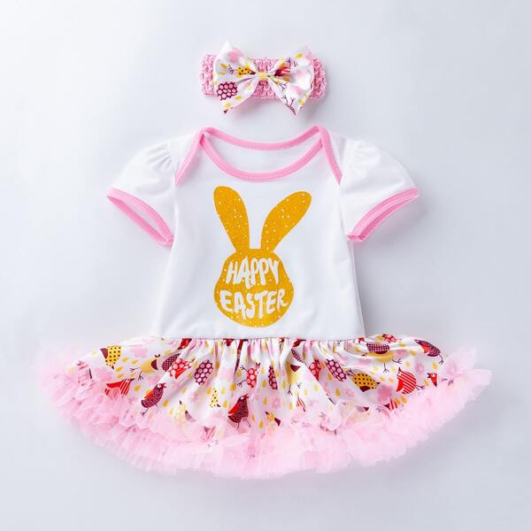 

Baby Girl Letter & Cartoon Graphic Dress With Headband, White