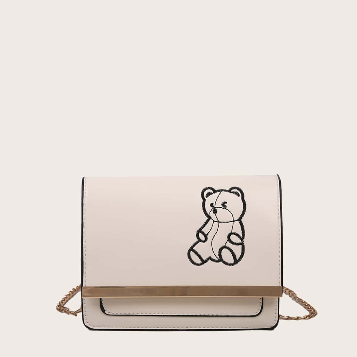 

Bear Embroidery Stitch Trim Bag, Beige
