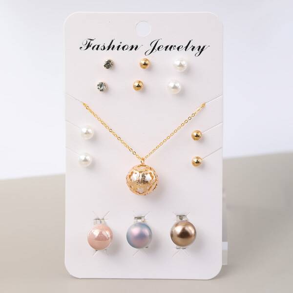

5pairs Faux Pearl Earrings & 3pcs Ring & 1pc Necklace, Multicolor