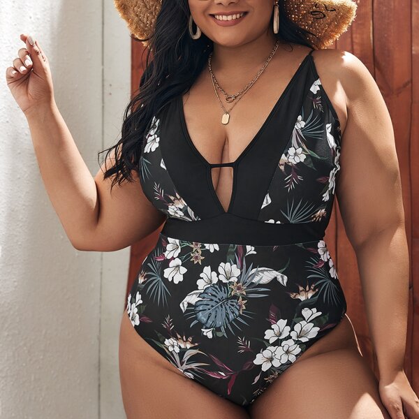 

Plus Floral Plunging One Piece Swimsuit, Multicolor