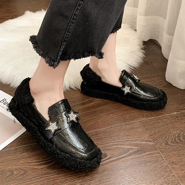 

Faux Fur Decor Loafers, Black