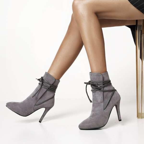 

Self Tie Suede Stiletto Ankle Boots, Grey